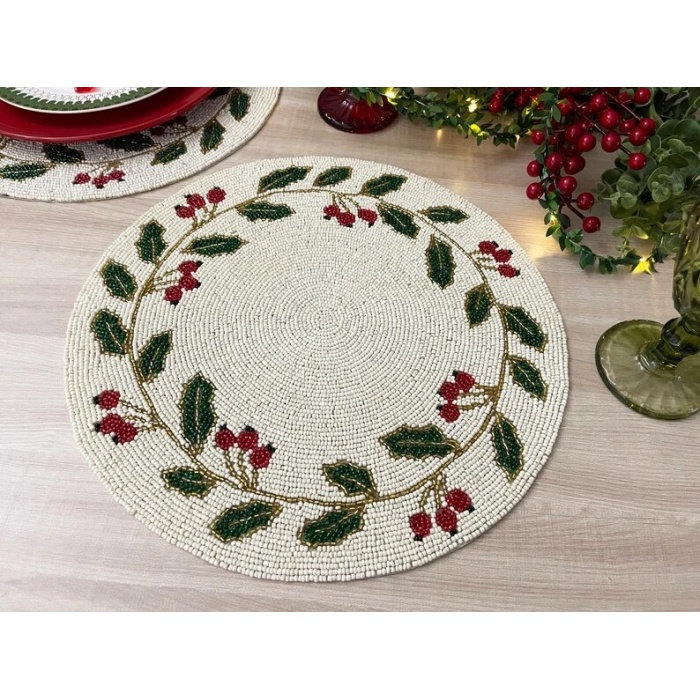 Christmas Special beaded placemat, 14 inch, gifts, holly berry design | Save 33% - Rajasthan Living 8