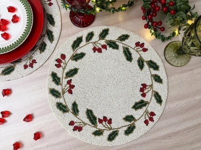 Christmas Special beaded placemat, 14 inch, gifts, holly berry design | Save 33% - Rajasthan Living 17