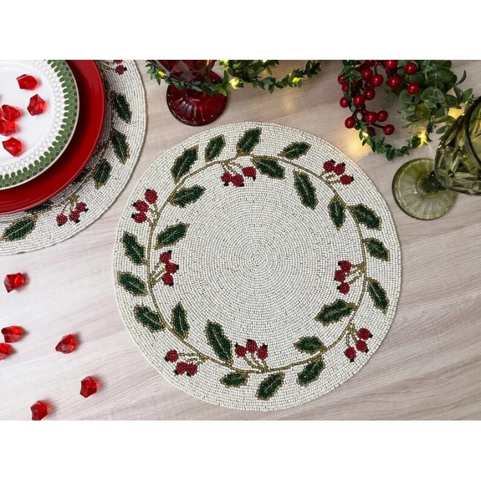 Christmas Special beaded placemat, 14 inch, gifts, holly berry design | Save 33% - Rajasthan Living 9