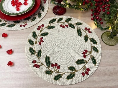 Christmas Special beaded placemat, 14 inch, gifts, holly berry design | Save 33% - Rajasthan Living 18