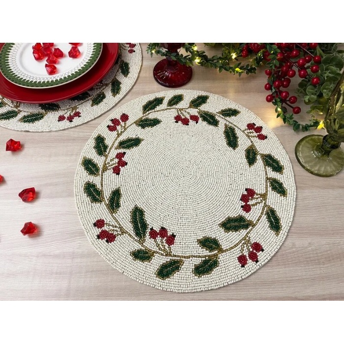 Christmas Special beaded placemat, 14 inch, gifts, holly berry design | Save 33% - Rajasthan Living 10