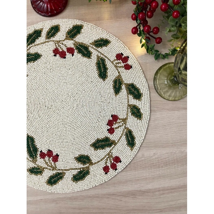 Christmas Special beaded placemat, 14 inch, gifts, holly berry design | Save 33% - Rajasthan Living 11