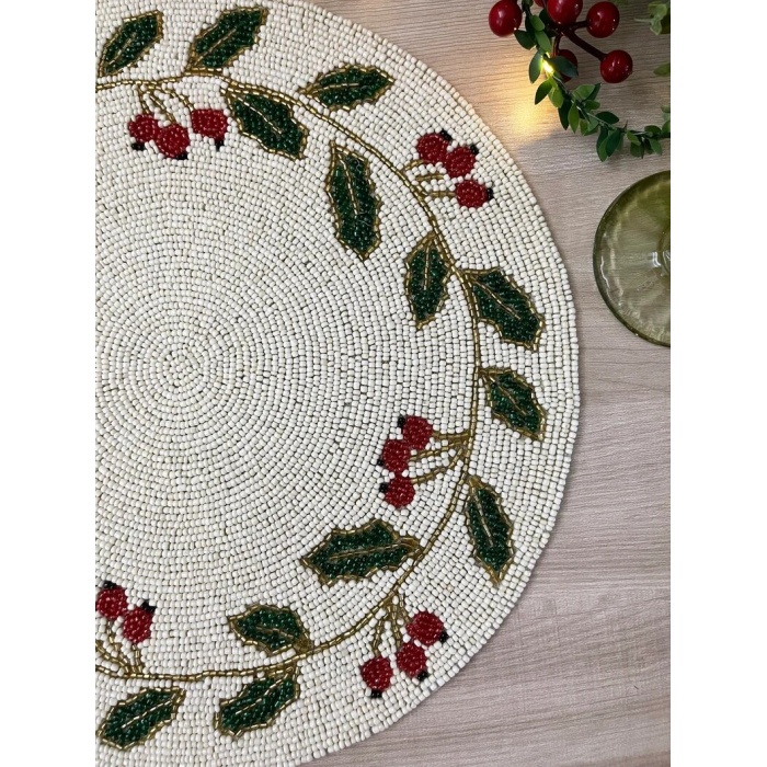 Christmas Special beaded placemat, 14 inch, gifts, holly berry design | Save 33% - Rajasthan Living 12