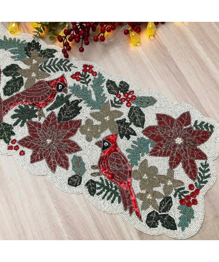 Christmas handmade table runner, red and green flower with parrot beaded table runner, Poinsettia runner, 13x36inch | Save 33% - Rajasthan Living