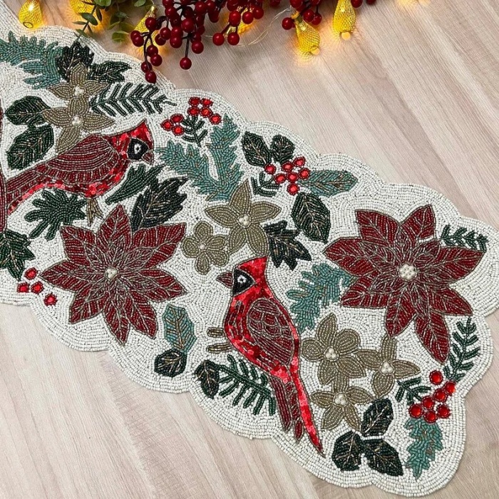 Christmas handmade table runner, red and green flower with parrot beaded table runner, Poinsettia runner, 13x36inch | Save 33% - Rajasthan Living 5