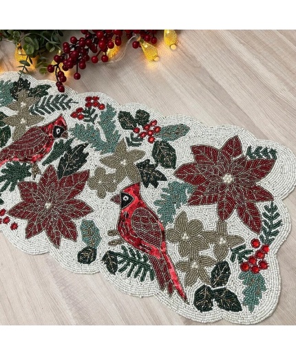 Christmas handmade table runner, red and green flower with parrot beaded table runner, Poinsettia runner, 13x36inch | Save 33% - Rajasthan Living 3