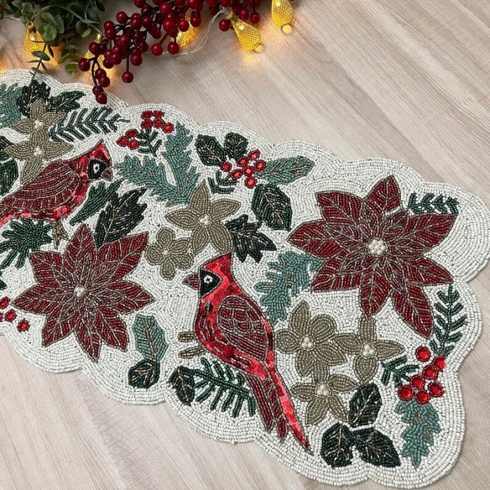 Christmas handmade table runner, red and green flower with parrot beaded table runner, Poinsettia runner, 13x36inch | Save 33% - Rajasthan Living 6