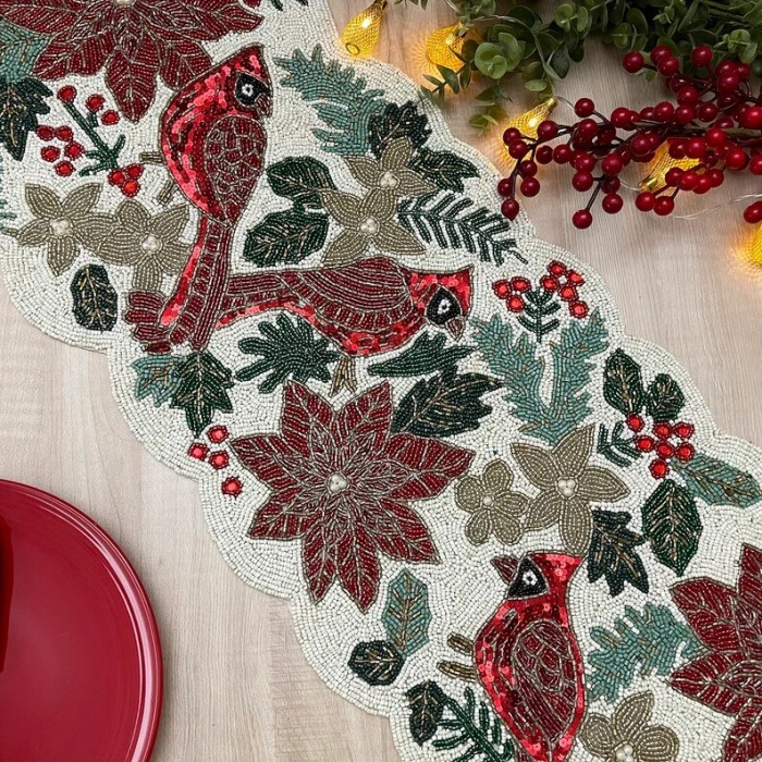 Christmas handmade table runner, red and green flower with parrot beaded table runner, Poinsettia runner, 13x36inch | Save 33% - Rajasthan Living 7