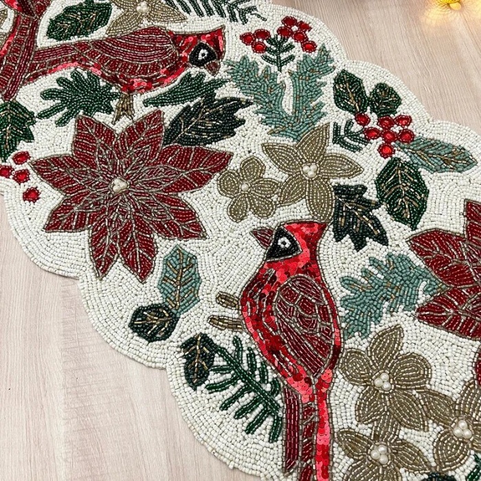 Christmas handmade table runner, red and green flower with parrot beaded table runner, Poinsettia runner, 13x36inch | Save 33% - Rajasthan Living 8