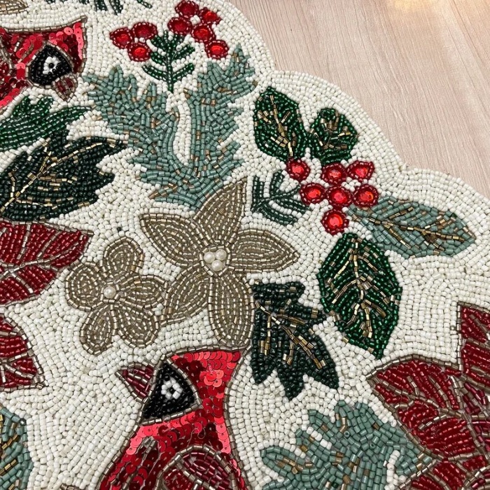 Christmas handmade table runner, red and green flower with parrot beaded table runner, Poinsettia runner, 13x36inch | Save 33% - Rajasthan Living 9