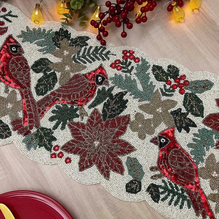 Christmas handmade table runner, red and green flower with parrot beaded table runner, Poinsettia runner, 13x36inch | Save 33% - Rajasthan Living 10