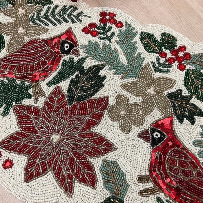 Christmas handmade table runner, red and green flower with parrot beaded table runner, Poinsettia runner, 13x36inch | Save 33% - Rajasthan Living 11