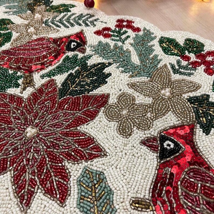 Christmas handmade table runner, red and green flower with parrot beaded table runner, Poinsettia runner, 13x36inch | Save 33% - Rajasthan Living 12