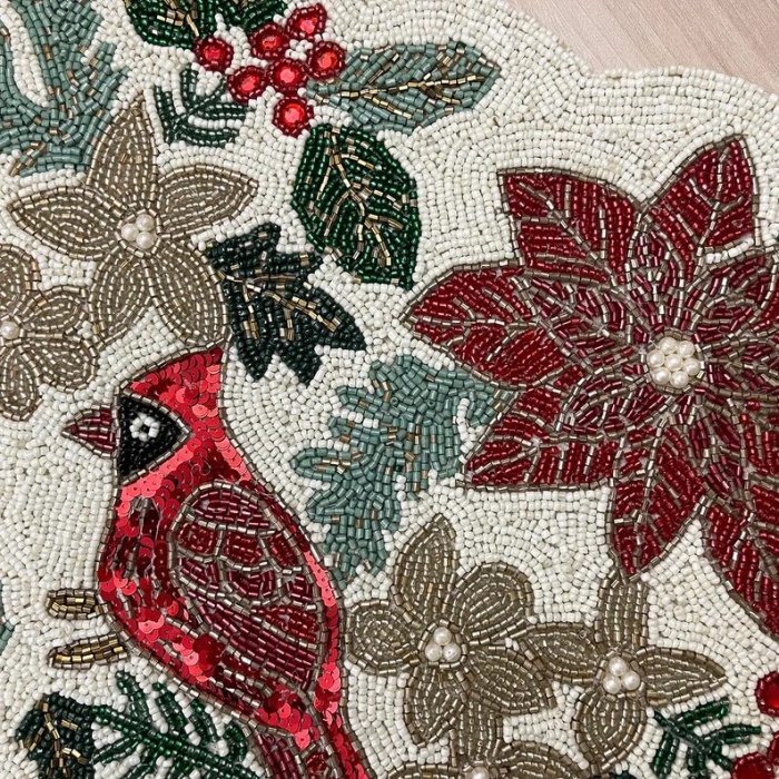 Christmas handmade table runner, red and green flower with parrot beaded table runner, Poinsettia runner, 13x36inch | Save 33% - Rajasthan Living 13