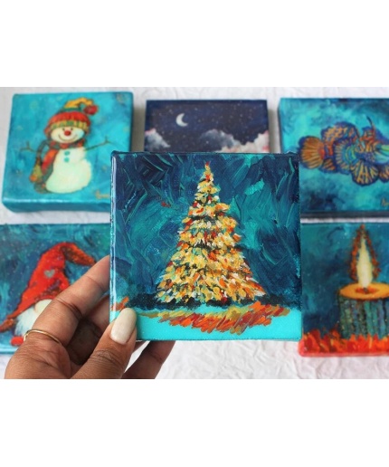 Original resin painting Christmas Tree Acrylic Painting Tree On Canvas Gift ideas Home Decor Mini Painting 4″ x 4″ by Anusha Durgadas | Save 33% - Rajasthan Living 3