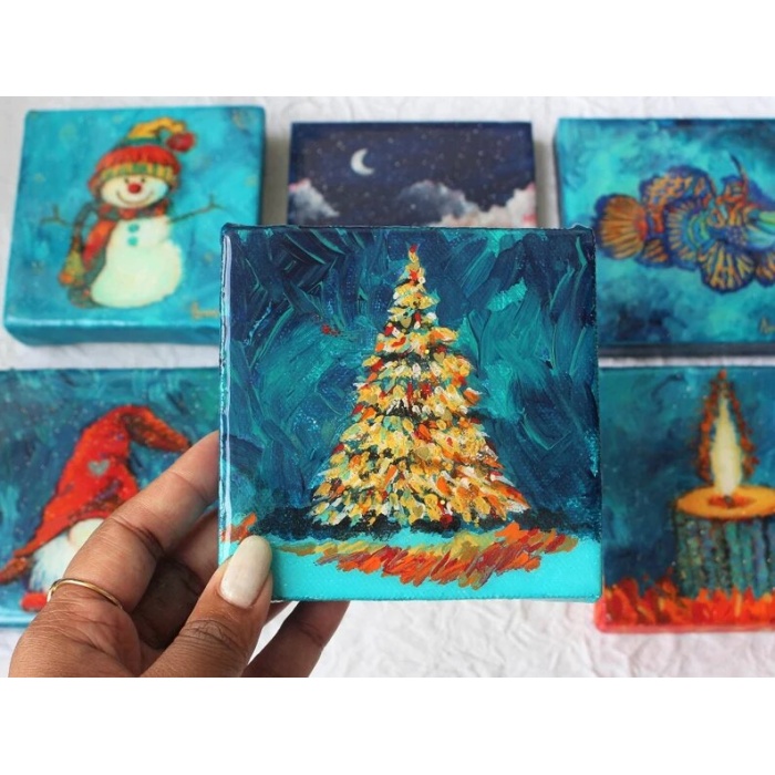 Original resin painting Christmas Tree Acrylic Painting Tree On Canvas Gift ideas Home Decor Mini Painting 4″ x 4″ by Anusha Durgadas | Save 33% - Rajasthan Living 6