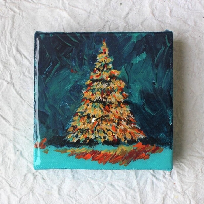 Original resin painting Christmas Tree Acrylic Painting Tree On Canvas Gift ideas Home Decor Mini Painting 4″ x 4″ by Anusha Durgadas | Save 33% - Rajasthan Living 8