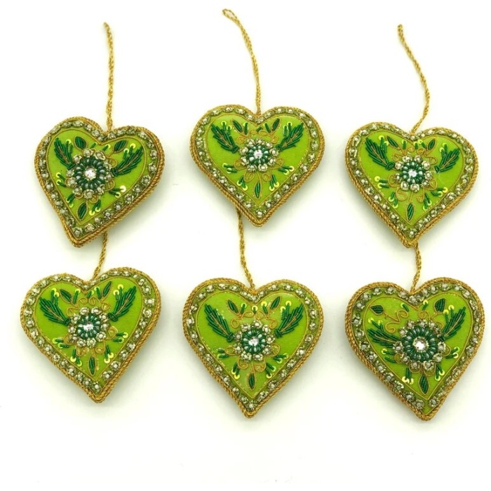 Green Christmas Ornaments, Holiday Decor, Xmas Hanging, Handmade Christmas Hanging, Set of 6 Christmas Green Heart Ornaments Gift Set | Save 33% - Rajasthan Living 7
