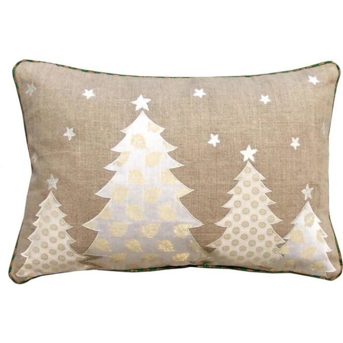 Christmas linen pillow cover, christmas trees, Indian brocade applique, embroidered pillow size 14″X 21″ | Save 33% - Rajasthan Living 5
