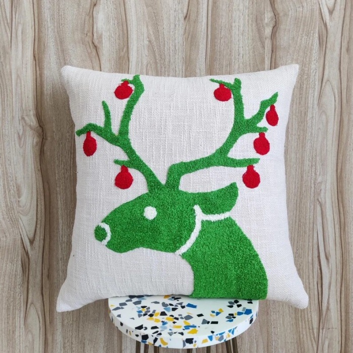 Christmas Reindeer Pillow Cover Cotton Viscose Hand Embroidered Throw Pillow Case 20×20 Cushion Cover Boho Decorative Cushion Cover | Save 33% - Rajasthan Living 5
