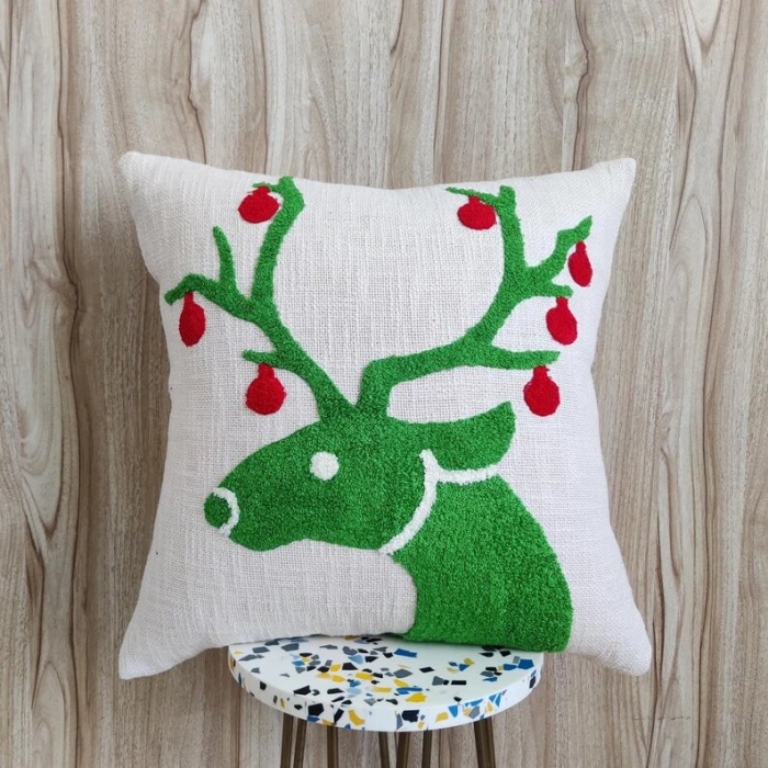 Christmas Reindeer Pillow Cover Cotton Viscose Hand Embroidered Throw Pillow Case 20×20 Cushion Cover Boho Decorative Cushion Cover | Save 33% - Rajasthan Living 8