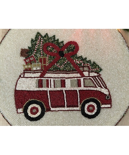 Set of 6, Christmas tree on a van, placemat, handmade beaded table mat, gift for her | Save 33% - Rajasthan Living