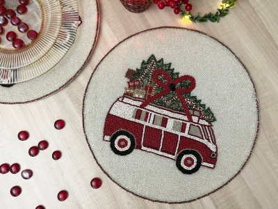 Set of 6, Christmas tree on a van, placemat, handmade beaded table mat, gift for her | Save 33% - Rajasthan Living 14