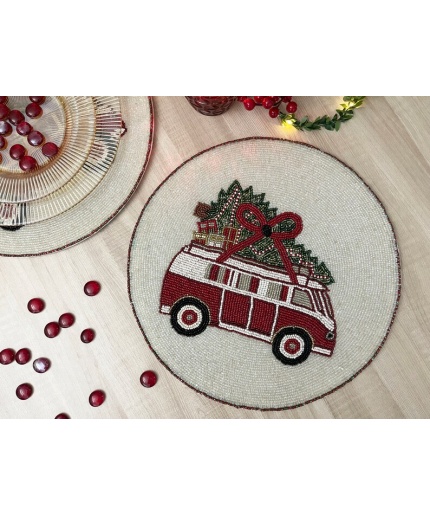 Set of 6, Christmas tree on a van, placemat, handmade beaded table mat, gift for her | Save 33% - Rajasthan Living 3