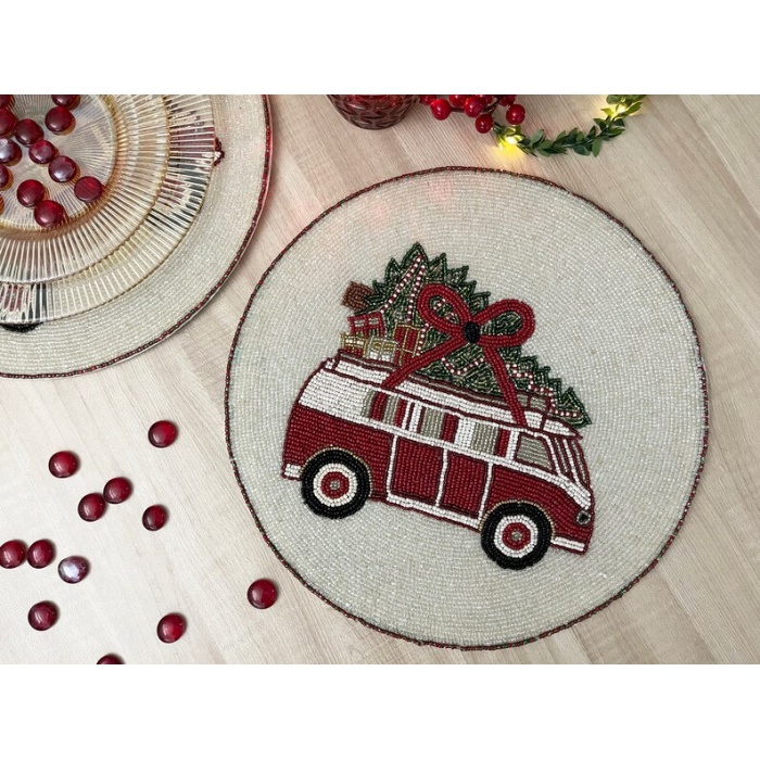 Set of 6, Christmas tree on a van, placemat, handmade beaded table mat, gift for her | Save 33% - Rajasthan Living 6