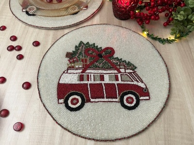 Set of 6, Christmas tree on a van, placemat, handmade beaded table mat, gift for her | Save 33% - Rajasthan Living 14