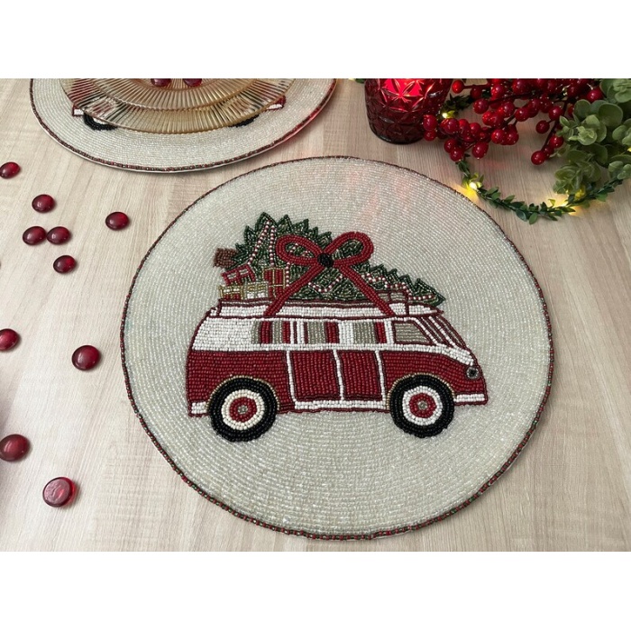 Set of 6, Christmas tree on a van, placemat, handmade beaded table mat, gift for her | Save 33% - Rajasthan Living 7