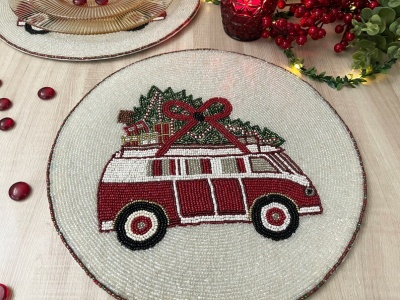 Set of 6, Christmas tree on a van, placemat, handmade beaded table mat, gift for her | Save 33% - Rajasthan Living 15