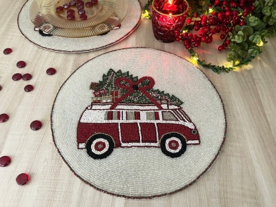 Set of 6, Christmas tree on a van, placemat, handmade beaded table mat, gift for her | Save 33% - Rajasthan Living 16