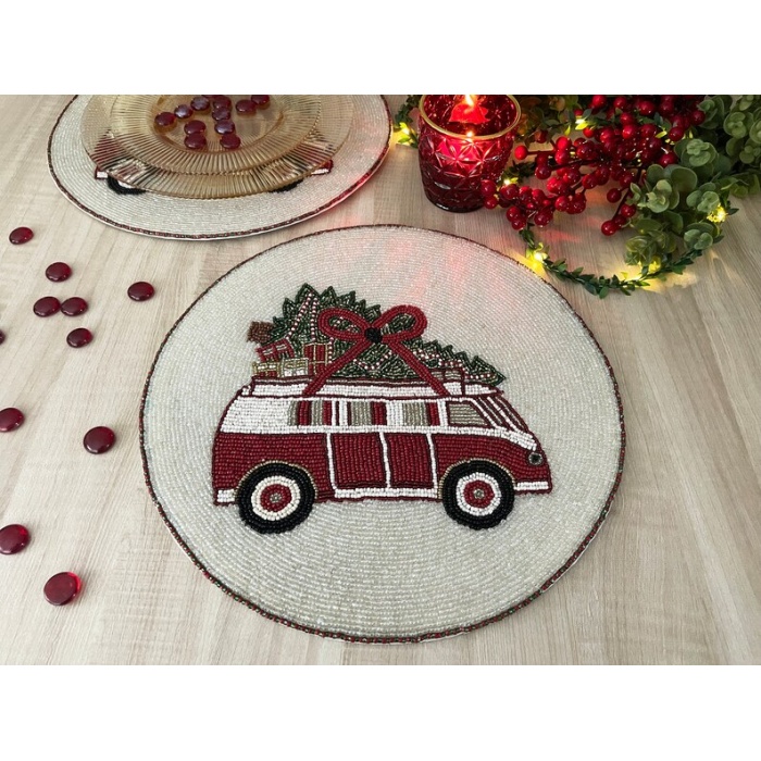 Set of 6, Christmas tree on a van, placemat, handmade beaded table mat, gift for her | Save 33% - Rajasthan Living 9