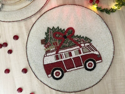 Set of 6, Christmas tree on a van, placemat, handmade beaded table mat, gift for her | Save 33% - Rajasthan Living 18