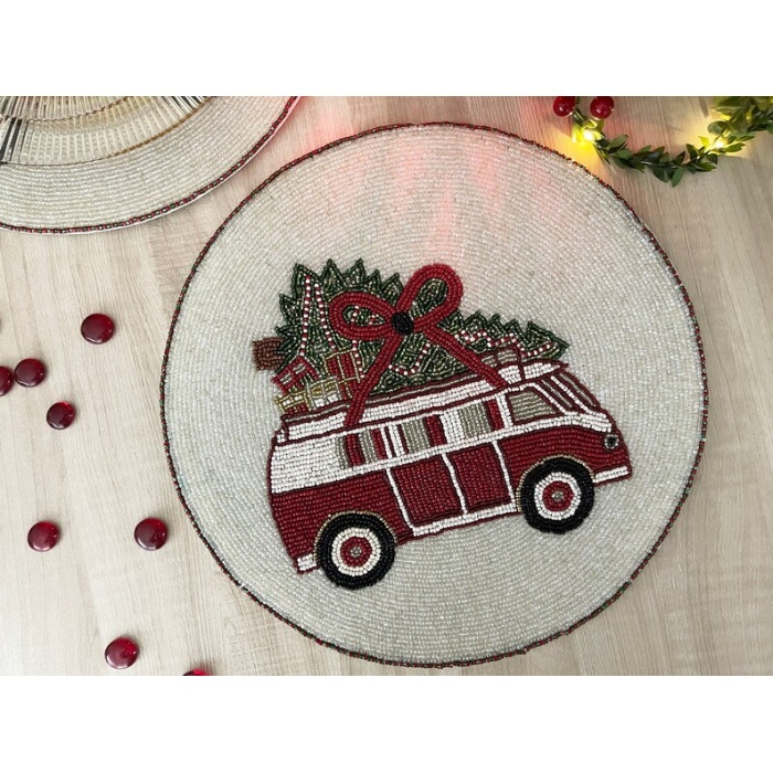 Set of 6, Christmas tree on a van, placemat, handmade beaded table mat, gift for her | Save 33% - Rajasthan Living 11