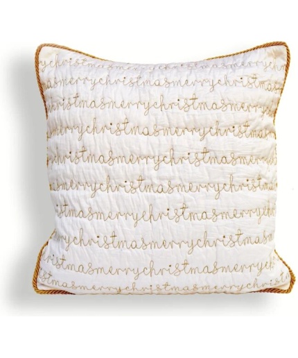 Christmas pillow cover, white and gold, script, merry Christmas, quilted, embroidered pillow size 16″X 16″ | Save 33% - Rajasthan Living