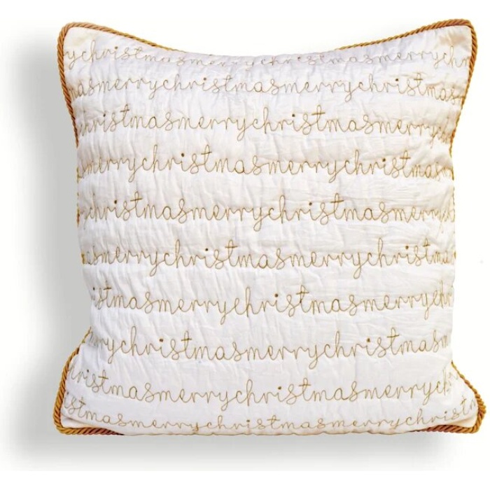Christmas pillow cover, white and gold, script, merry Christmas, quilted, embroidered pillow size 16″X 16″ | Save 33% - Rajasthan Living 5