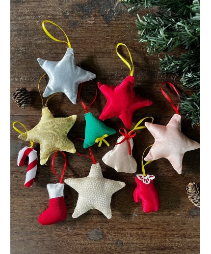 Pack of 10 Christmas ornaments, Upcycled Fabric ornaments, tiny assorted Christmas tree hangings, Handmade xmas decoration | Save 33% - Rajasthan Living