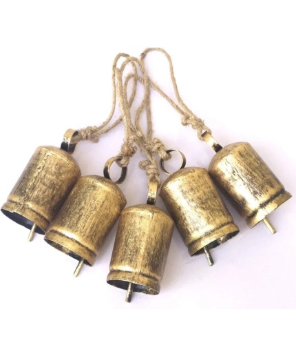 Tin Cow Bells Christmas Festive Décor Bells (Set of 5) Home décor Vintage Rustic Brass Cylinder Shape (11CM) | Save 33% - Rajasthan Living