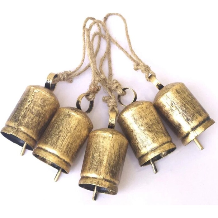 Tin Cow Bells Christmas Festive Décor Bells (Set of 5) Home décor Vintage Rustic Brass Cylinder Shape (11CM) | Save 33% - Rajasthan Living 5