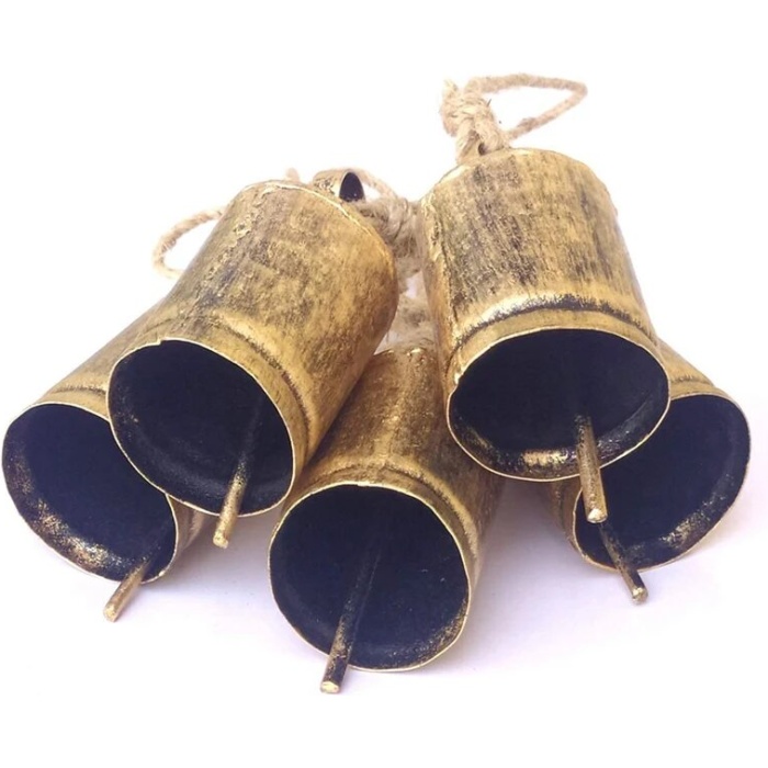 Tin Cow Bells Christmas Festive Décor Bells (Set of 5) Home décor Vintage Rustic Brass Cylinder Shape (11CM) | Save 33% - Rajasthan Living 6